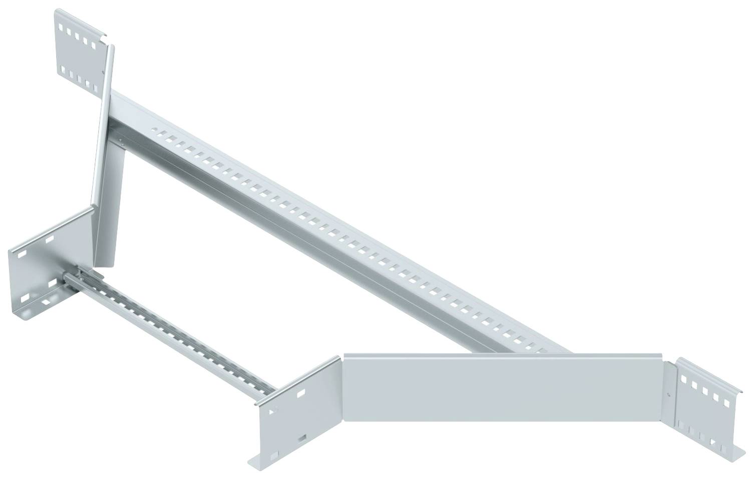 Ein grauer Metallrahmen mit Löchern entlang der Streben, wahrscheinlich ein strukturelles Bauteil oder Halterung.