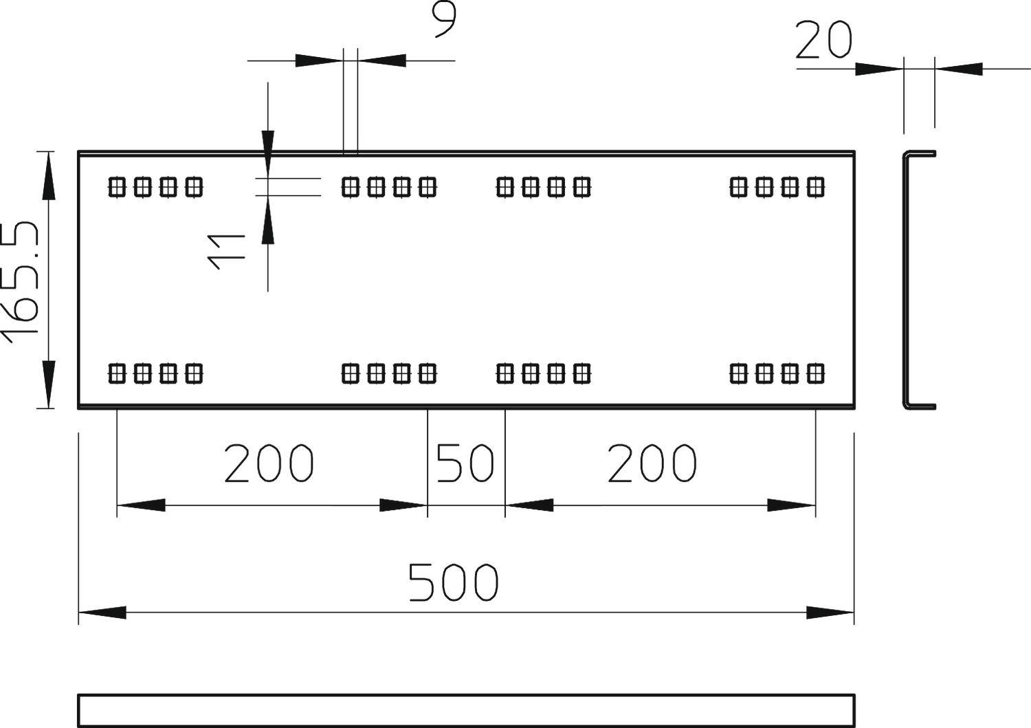 Technische Zeichnung einer rechteckigen Metallplatte mit Maßen: 500 mm Länge, 165,5 mm Höhe, 11 mm Lochdurchmesser und Lochabstände.