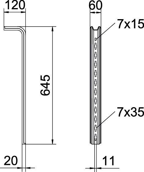 Technische Zeichnung eines Metallprofils mit Maßen: Breite 120 mm, Höhe 645 mm, Tiefe 20 mm, zusätzliche Details 7x15 und 7x35.
