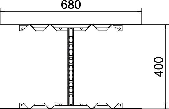 Technische Zeichnung eines Stahlträgers im Querschnitt. Breite: 680 mm, Höhe: 400 mm. Zeigt Details der Innenstruktur.