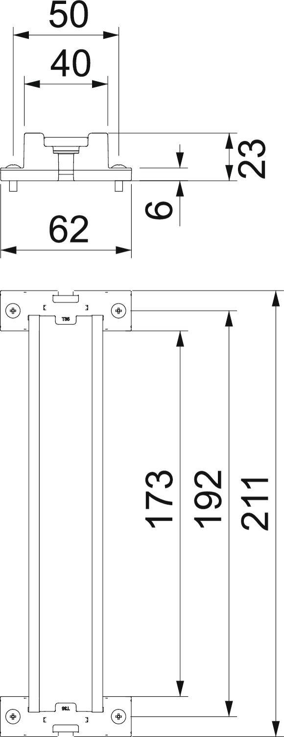 Technische Zeichnung eines Halters mit Maßen: Breite 62, Bohrlochabstand 50/40, Gesamthöhe des Bauteils 211, Stützenhöhe 23.