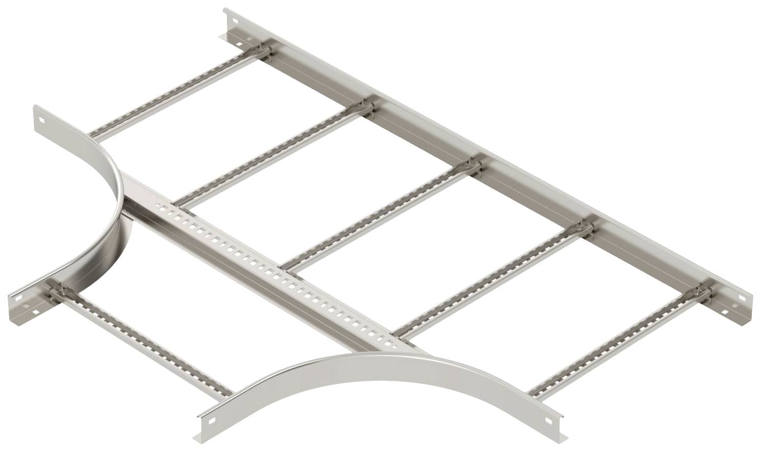 Kabelrinnen mit rechteckiger Struktur und leicht gebogenen Außenkanten, zur Unterstützung und Führung von Kabeln in Installationen.