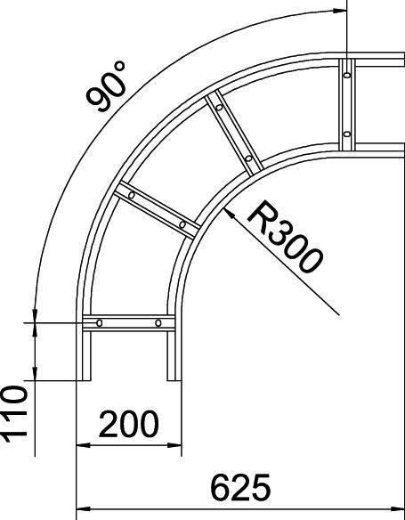 Technische Zeichnung eines gebogenen Metallrahmens mit einem Radius von 300 mm und einem Winkel von 90 Grad. Maße: 110 mm Höhe, 200 mm Tiefe, 625 mm Gesamtlänge.
