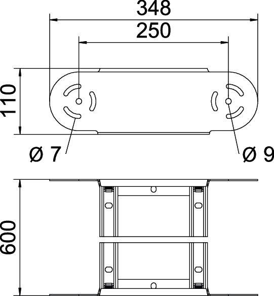 Technische Zeichnung eines rechteckigen Bauelements mit Maßen. Oben: 348 mm x 250 mm, Kreisdurchmesser 110 mm und Öffnungen Ø 7 mm, Ø 9 mm. Höhe: 600 mm.