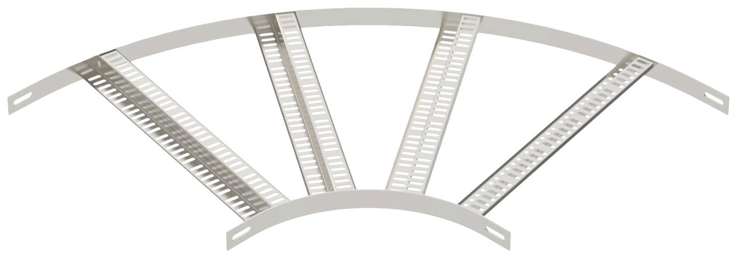 Abgebildet ist ein gebogenes Gittersystem aus Metall, das verschiedene Streben verbindet und als Kabelträger fungiert.