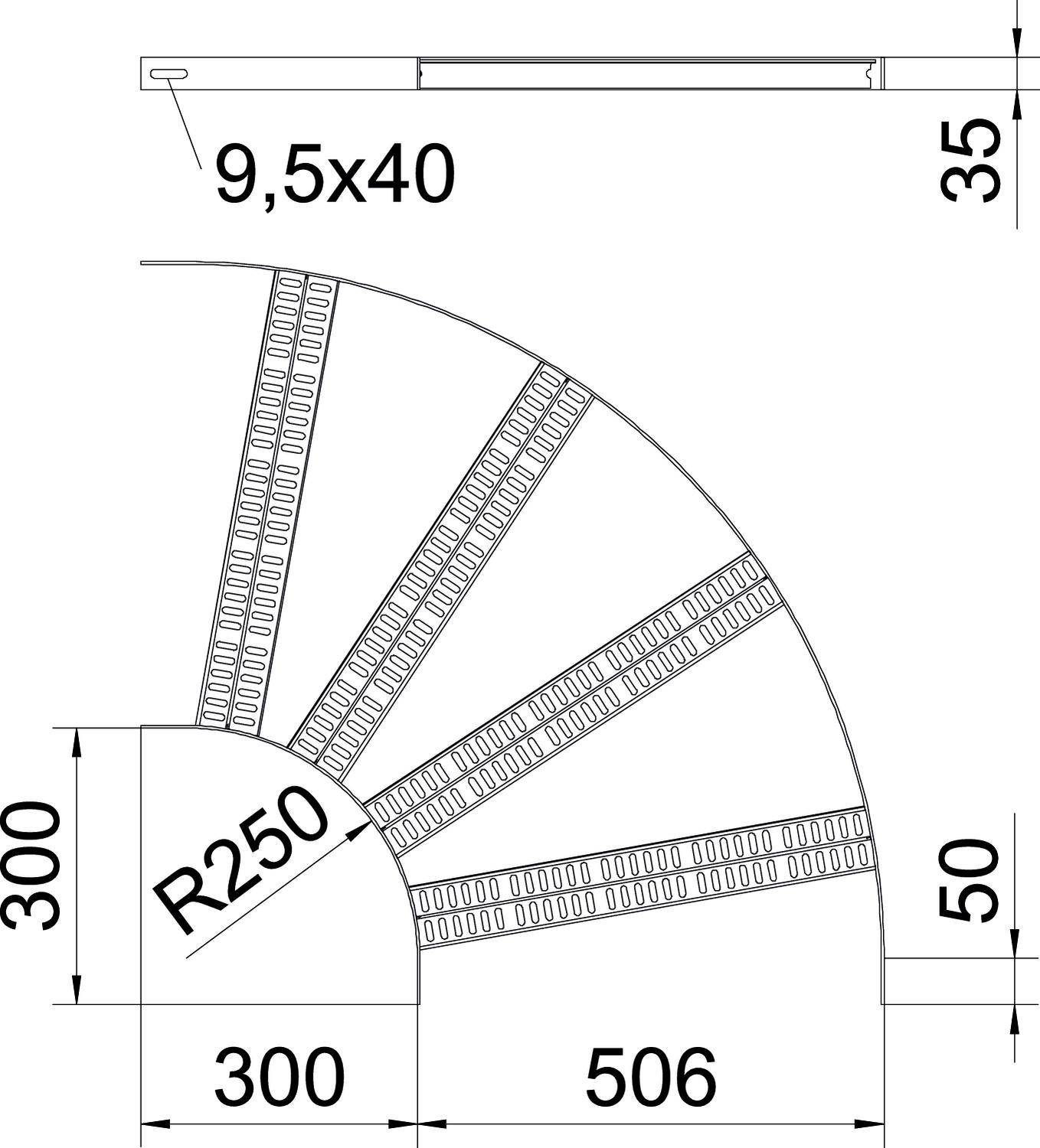 Technische Zeichnung eines segmentierten viertelkreisförmigen Elements mit Maßen: R250, 9,5x40, und weiteren relevanten Abmessungen.