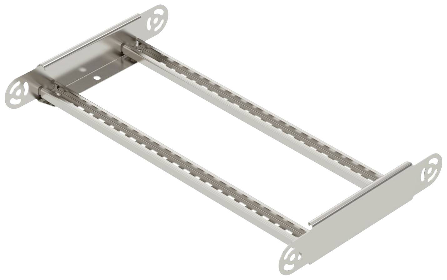 Ein Schienenpaar aus Metall, das parallel angeordnet und mit Halterungen an beiden Enden verbunden ist, möglicherweise zur Befestigung.