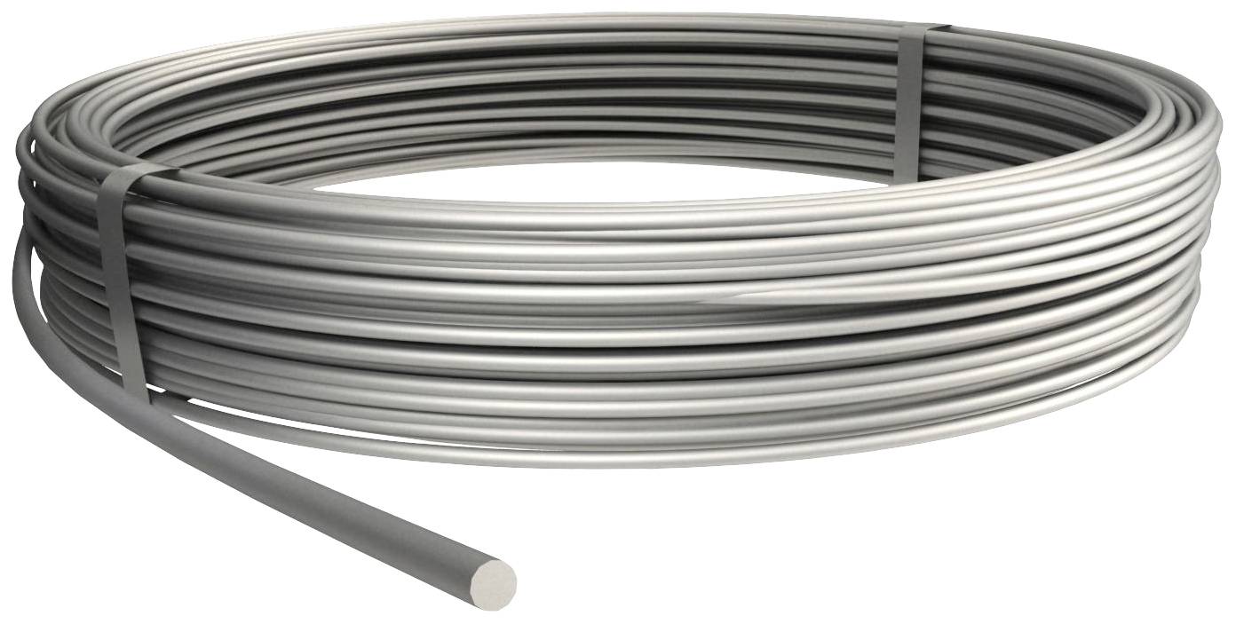 Eine große Rolle aus silbernem Metalldraht, aufgerollt und seitlich dargestellt, mit einem lockeren Drahtende vorne.