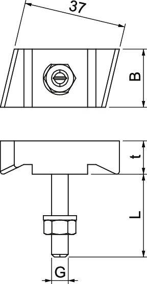 Technische Zeichnung eines Befestigungselements mit Maßen. Oben: Schraube in seitlicher Ansicht, unten: Schnittansicht mit Beschriftungen G, L, t.