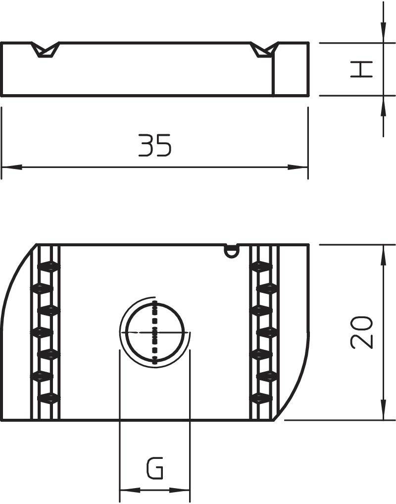 Technische Zeichnung eines Bauteils mit Maßen: Länge 35 mm, Höhe 20 mm. Es zeigt seitliche und untere Schnittansichten mit Befestigungspunkt.