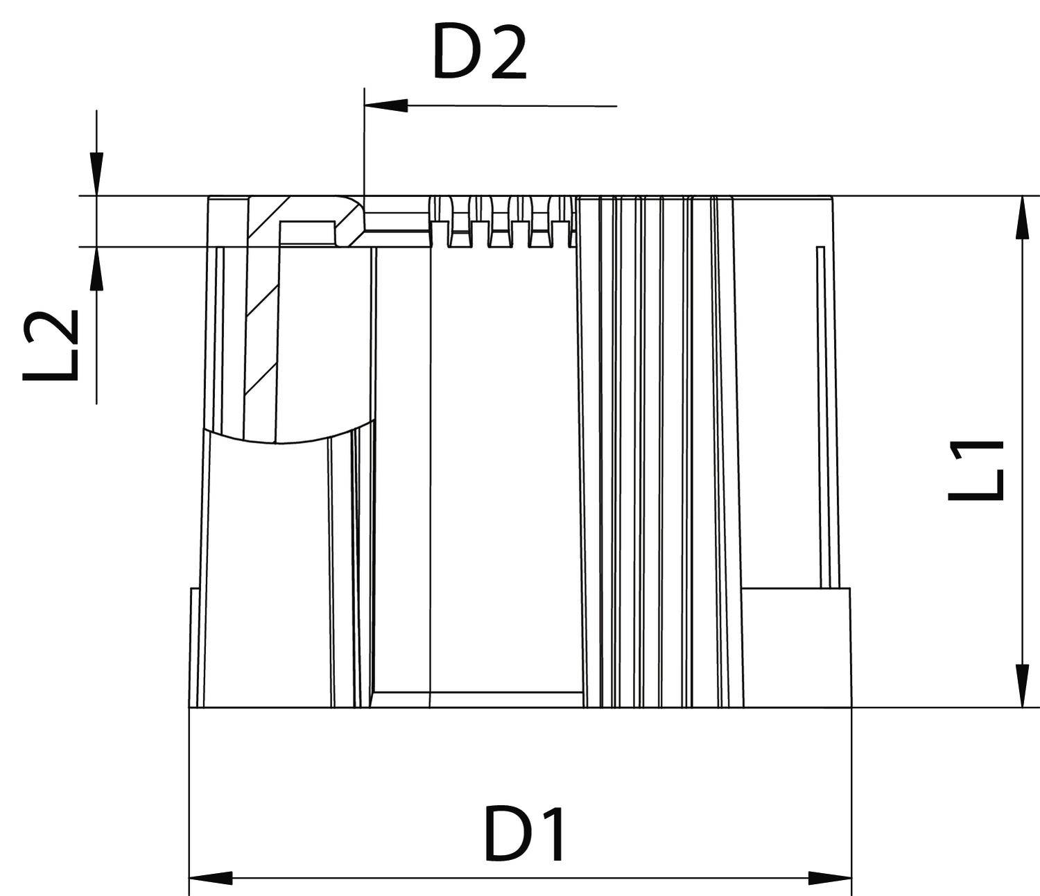 Technische Zeichnung eines Bauteils mit Maßen D1, D2, L1, und L2. Zeigt Querschnitt und Details der Struktur.