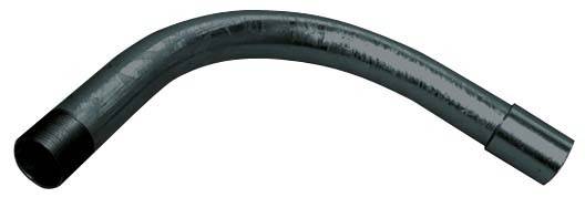 Ein graues, gebogenes Metallrohr mit glatter Oberfläche, möglicherweise Teil eines größeren Systems wie einer Heizung oder eines Abgassystems.