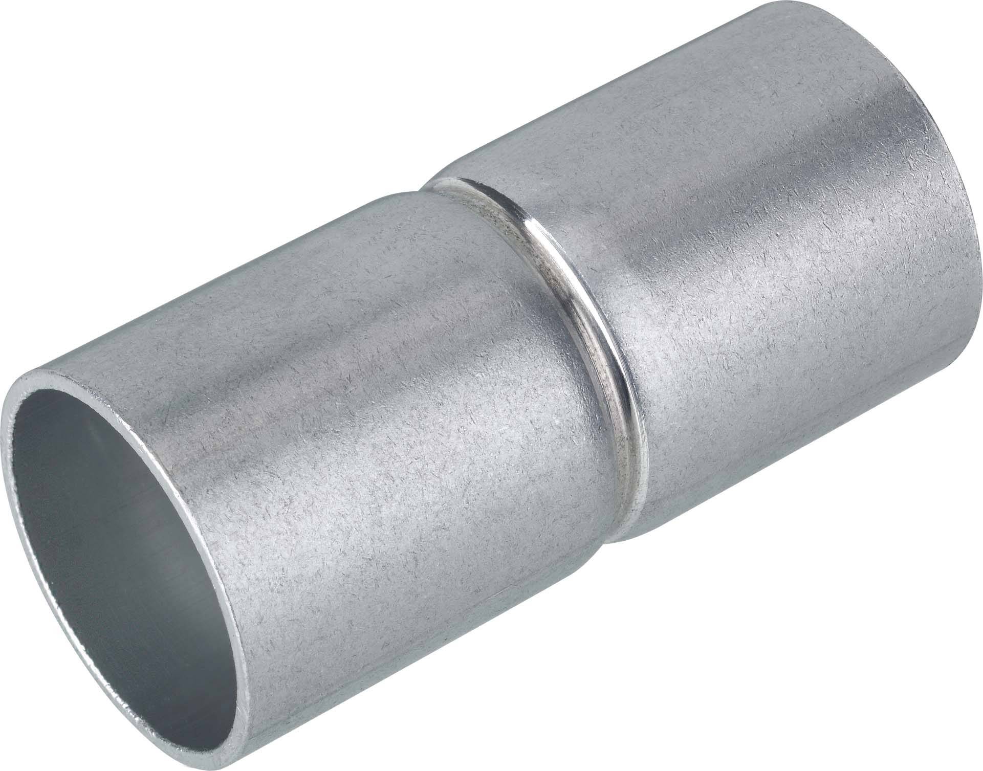 Metalladapter in zylindrischer Form, grau, vermutlich zur Verbindung von Rohren oder Schläuchen. Glatte Oberfläche, metallischer Glanz.