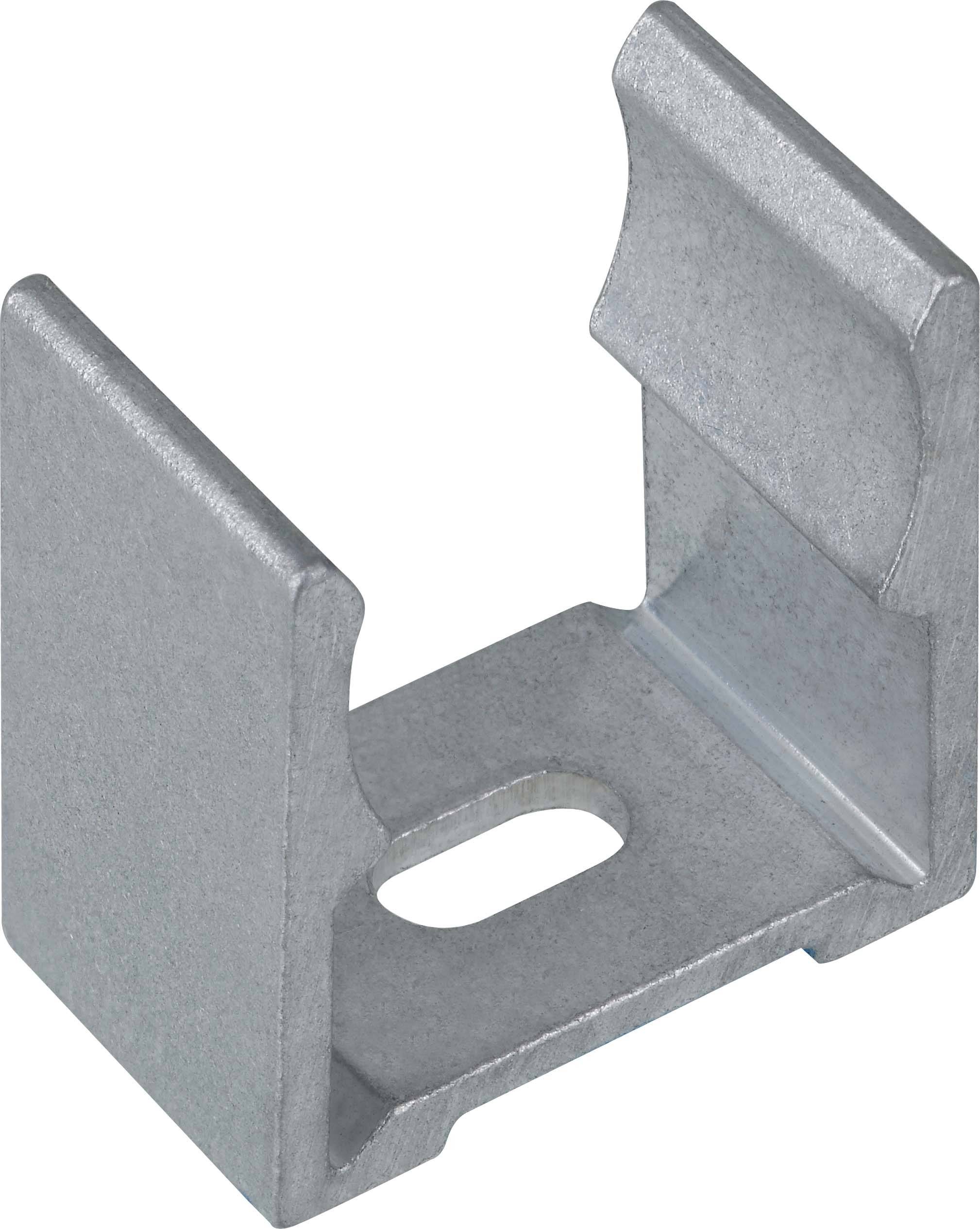 Metallische Halterung mit U-förmigem Profil und ovalem Loch in der Mitte, geeignet zur Befestigung von Schienen oder Platten.