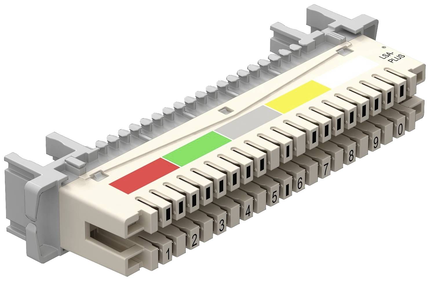 Ein LSA-Plus-Verteilerblock mit nummerierten Anschlüssen und farbcodierten Markierungen für die Kabelverbindung in der Netzwerktechnik.