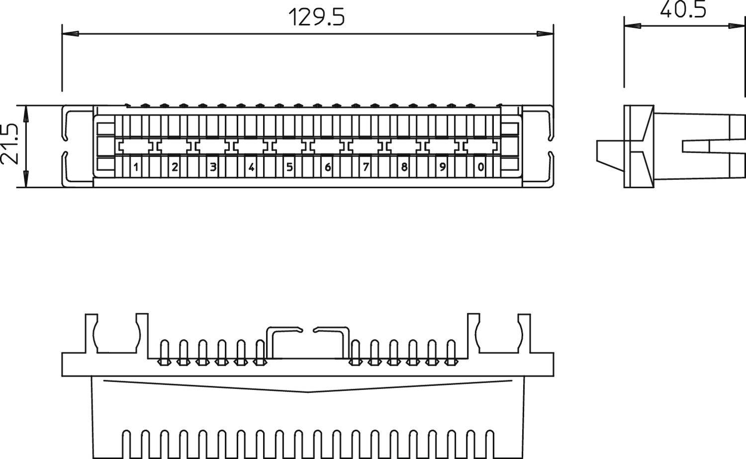 Technische Zeichnung eines rechteckigen, 129,5 mm langen Steckverbinders mit 21,5 mm Höhe, zeigt Vorder- und Seitenansicht mit Kontakten.