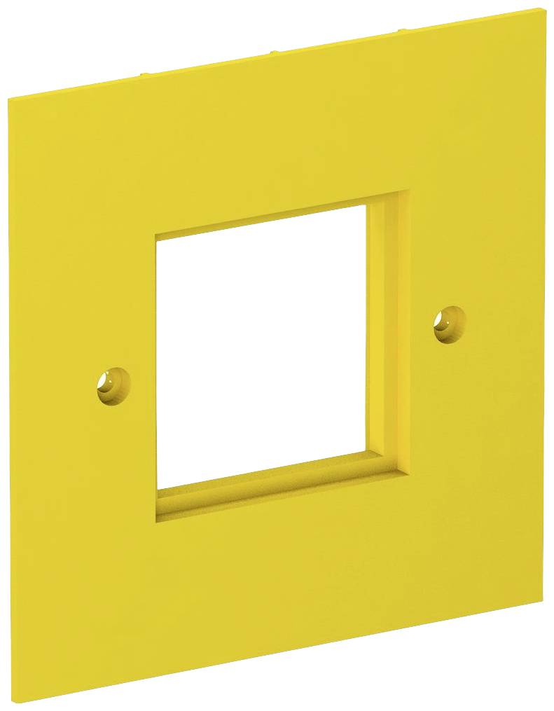 Gelbe quadratische Kunststoffplatte mit quadratischer Aussparung in der Mitte und zwei runden Löchern an den Seiten.