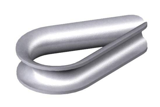 Ein silbernes Metallseilauge, das zur Verstärkung von Schlaufen und Schutz vor Abrieb bei Seilen oder Drähten verwendet wird.