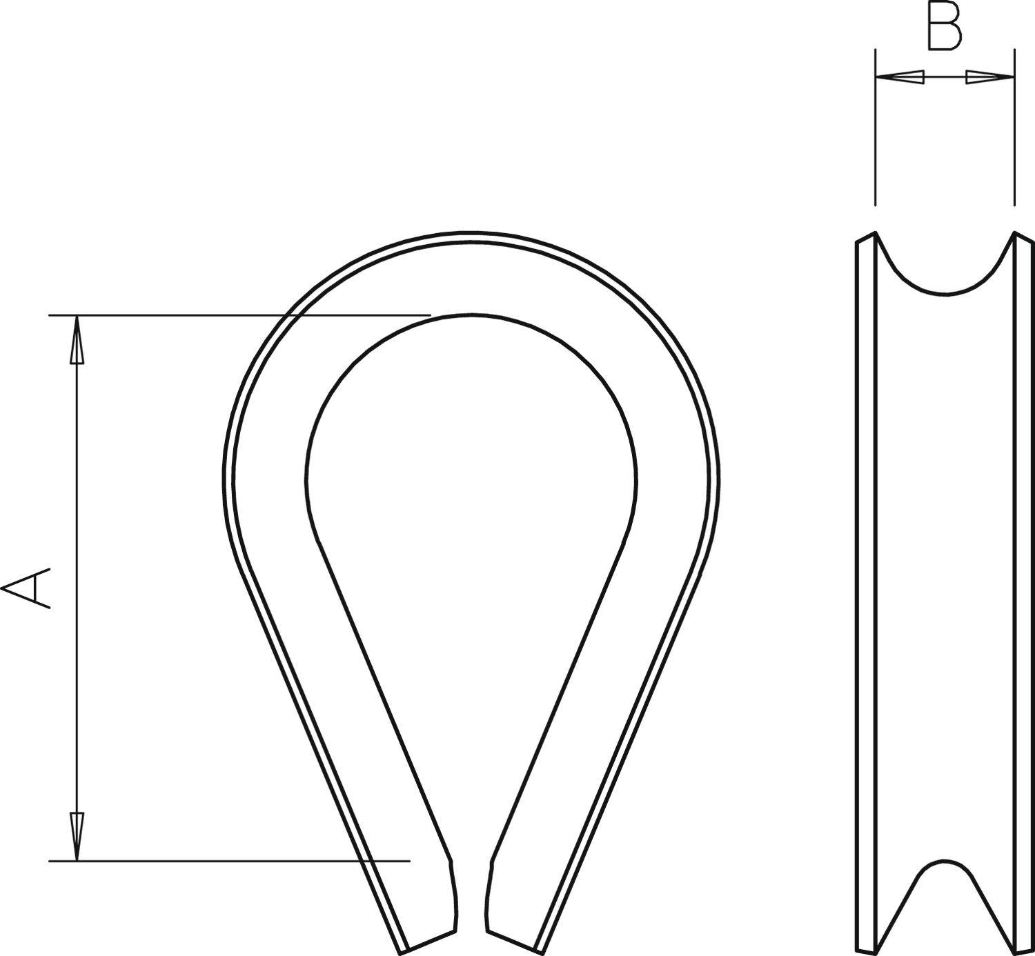 Technische Zeichnung eines Metall-Seilhakens mit Längenmaßen 'A' und 'B' zur Spezifizierung der Größe und Form.