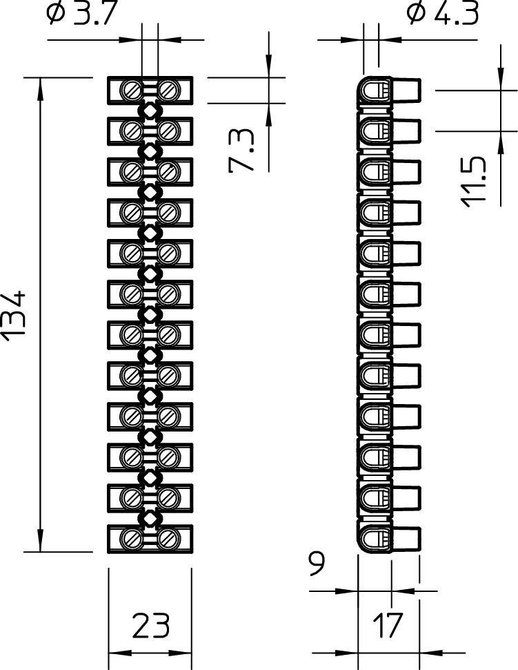 Technische Zeichnung zeigt zwei Reihen von elektrischen Klemmen mit Maßen: links 134 mm hoch, 23 mm breit; rechts 11,5 mm hoch, 17 mm breit.