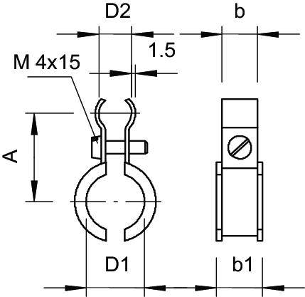 Technische Zeichnung einer Rohrbefestigungsschelle mit Abmessungen: D1, D2, b, b1, A und Schraubenspezifikation M 4x15.