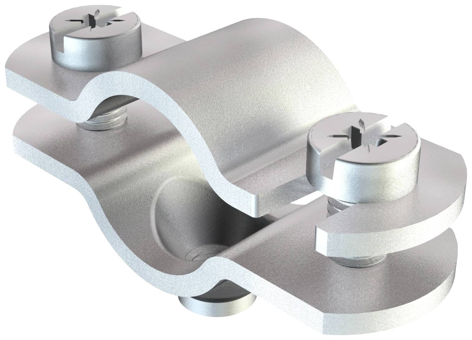 Metallschelle mit zwei Schrauben, die zwei Rohre im 90-Grad-Winkel verbindet. Verwendet zur Befestigung oder Sicherung von Bauteilen.