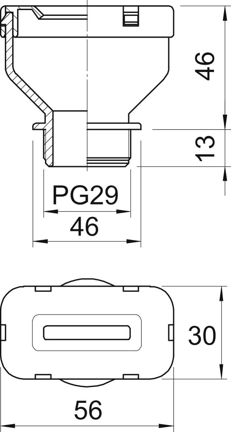 Technische Zeichnung eines Steckdosengehäuses mit Abmessungen: Gesamtbreite 56 mm, Höhe 46 mm, Öffnung PG29, Tiefe 13 mm.