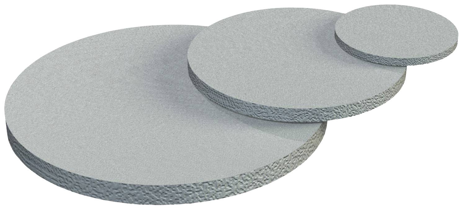 Drei graue, unterschiedlich große Kreisscheiben liegen gestapelt übereinander.