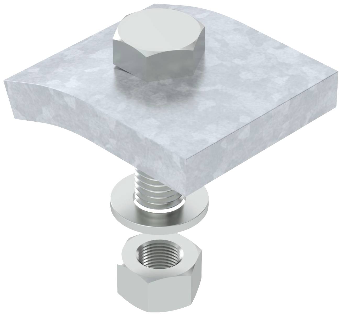 Darstellung eines Schraub- und Muttersystems mit Unterlegscheibe, das zur Befestigung von Metallplatten verwendet wird.