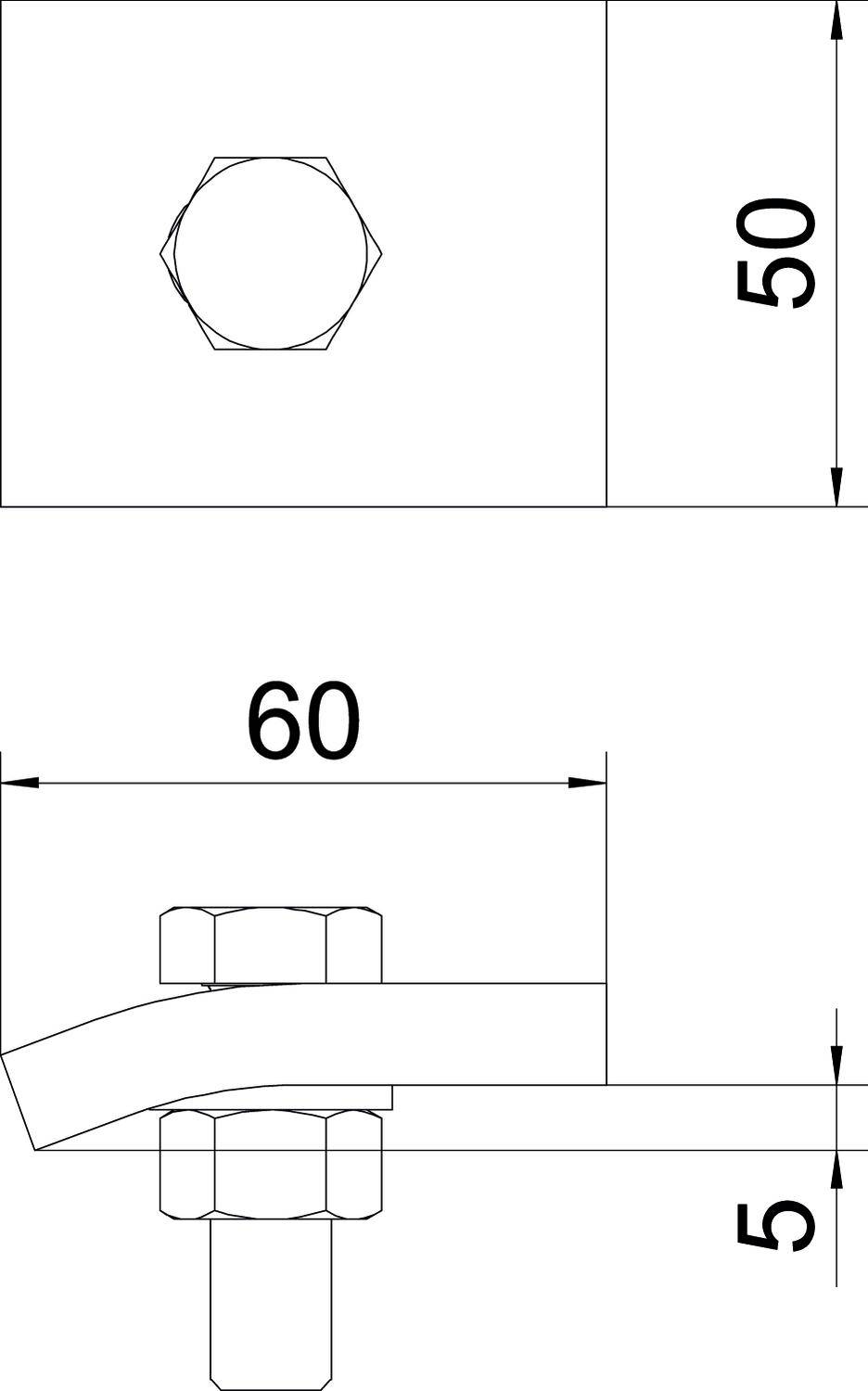 Technische Zeichnung eines Metallverbinders mit Seitenansicht. Oben Sechskantmutter, Maße: Länge 60, Höhe 5, Breite 50 mm.