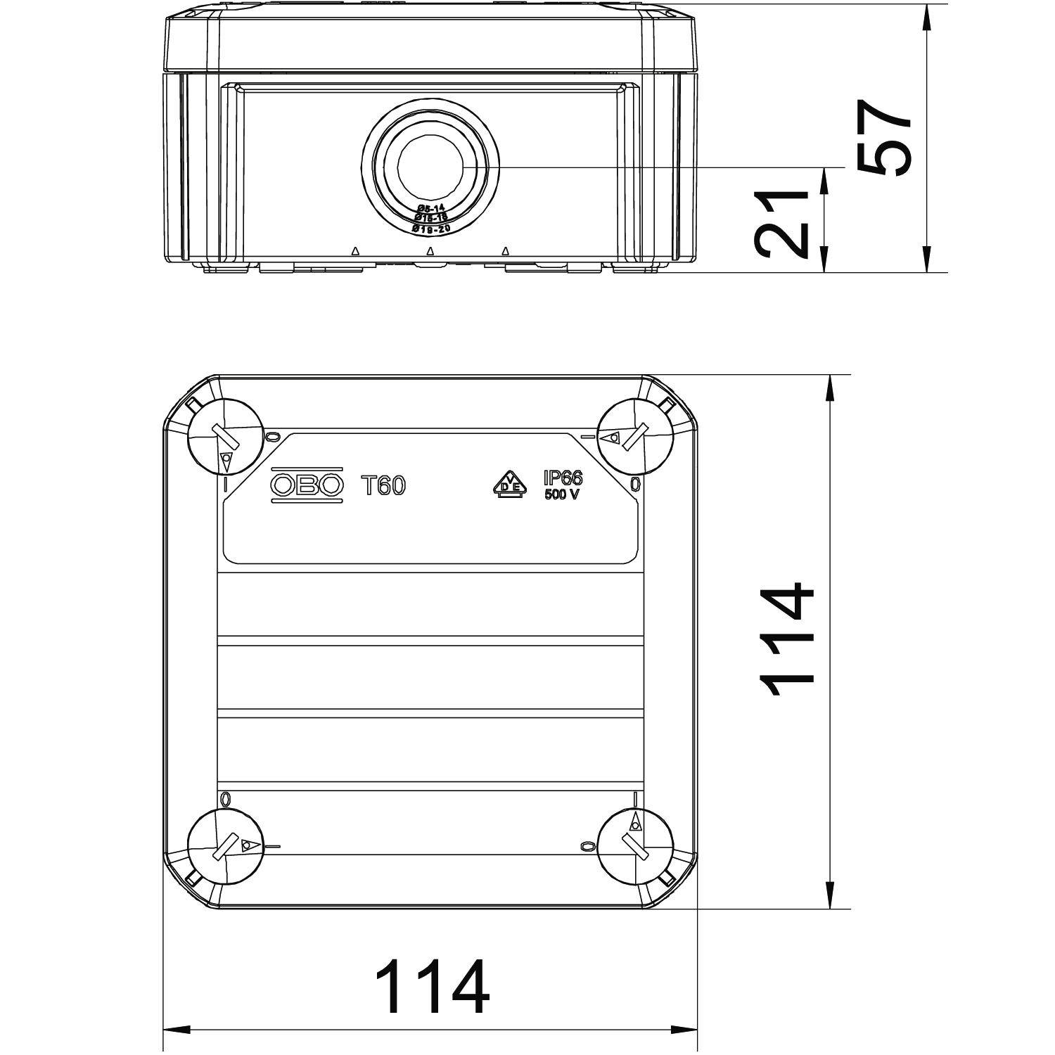 Technische Zeichnung einer quadratischen Anschlussdose mit den Maßen 114 mm x 114 mm x 57 mm, Schutzart IP66, Spannung 500 V.