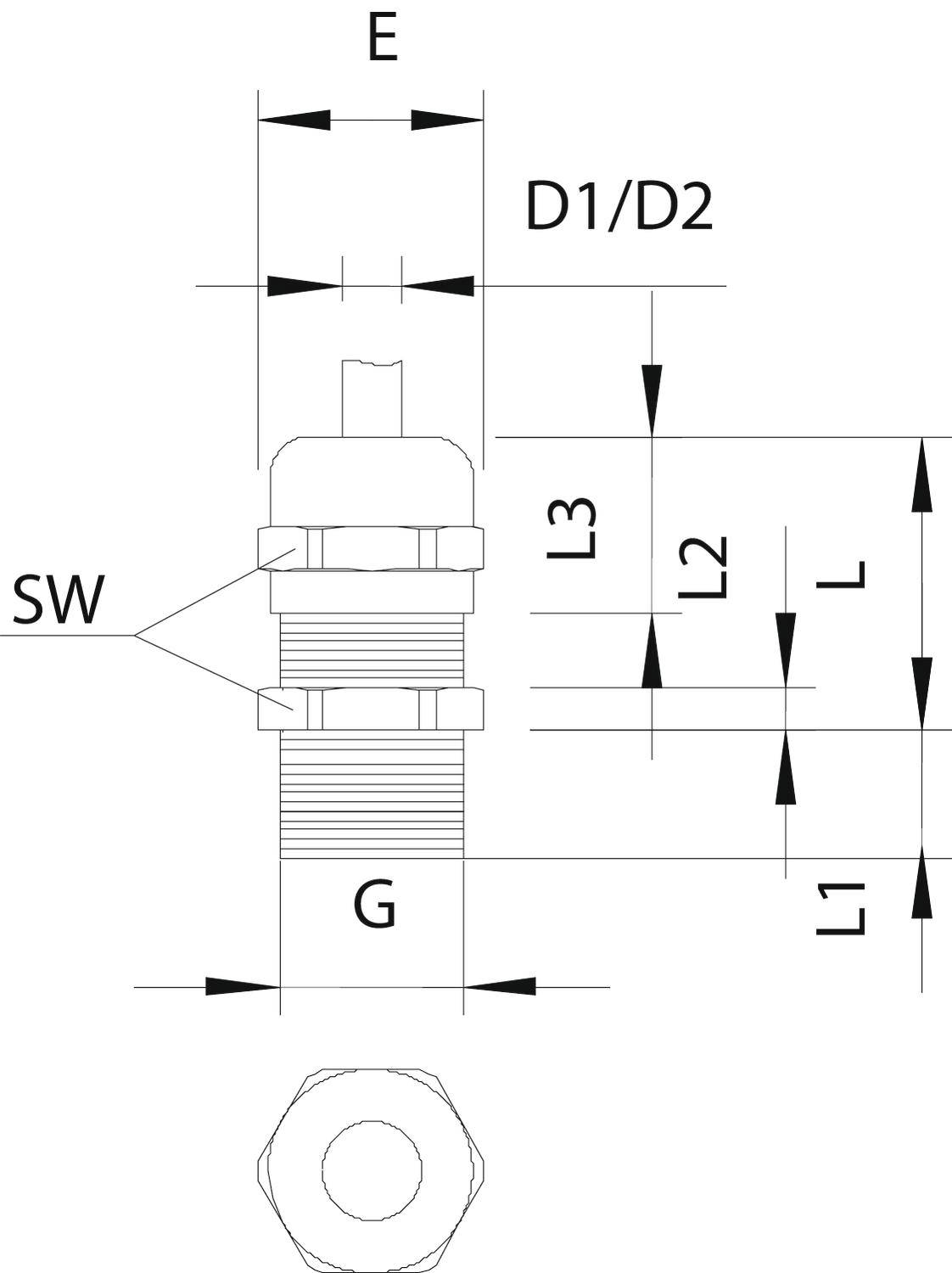 Technische Zeichnung eines Metallverbinders mit Maßen für Durchmesser, Länge und Gewindetyp. Ansicht enthält Seiten- und Draufsicht.