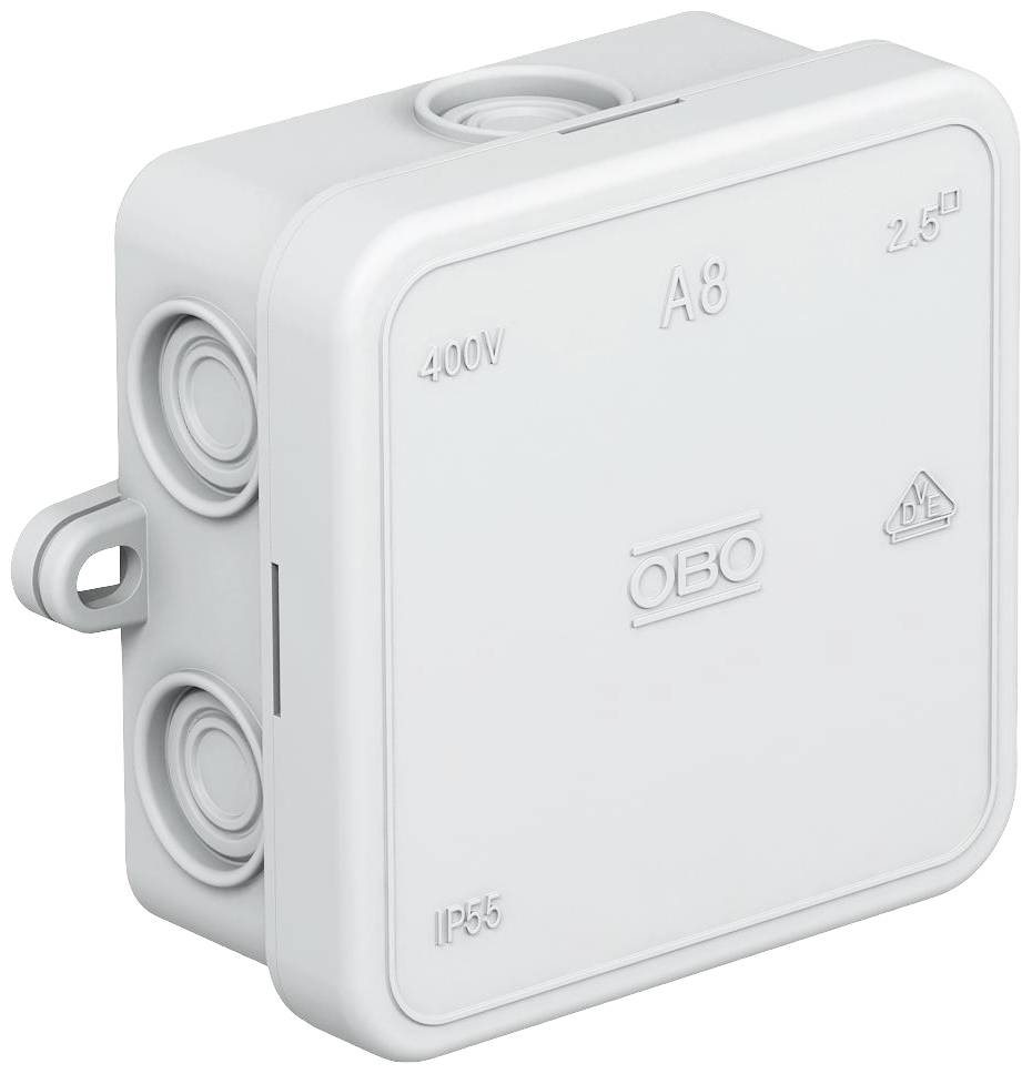 Eine weiße Abzweigdose aus Kunststoff mit der Aufschrift '400V', 'A8', '2,5²' und 'IP55'. Geeignet für elektrische Installationen.