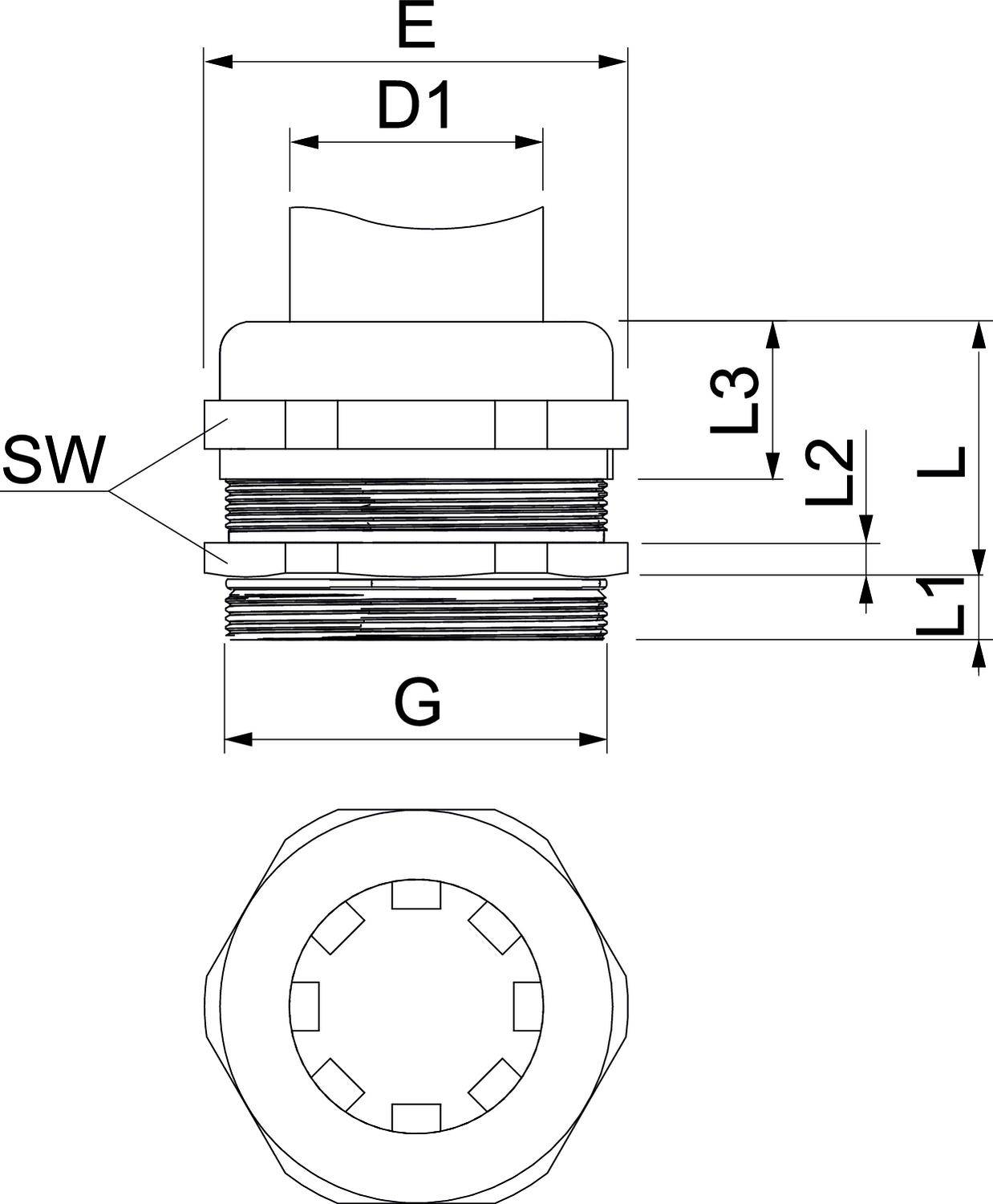 Technische Zeichnung eines zylindrischen Gewindesteckers mit Maßen. Oben: Seitenansicht mit Beschriftungen (E, G, L1, L2, L3, SW). Unten: Draufsicht.