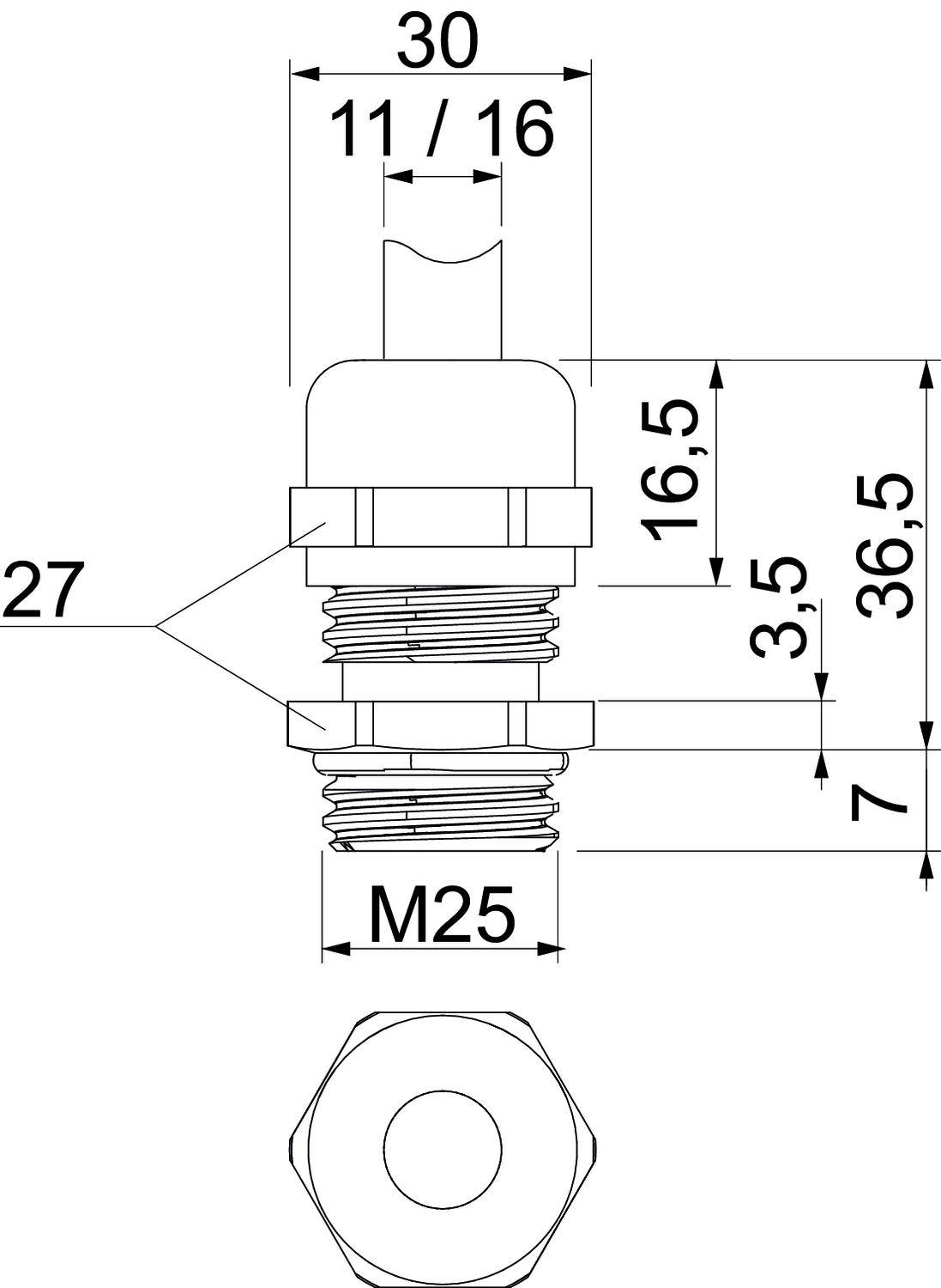 Technische Zeichnung eines zylindrischen Bauteils mit Gewinde, M25; Maße für Höhe und Breite angegeben. Draufsicht und Seitenansicht.