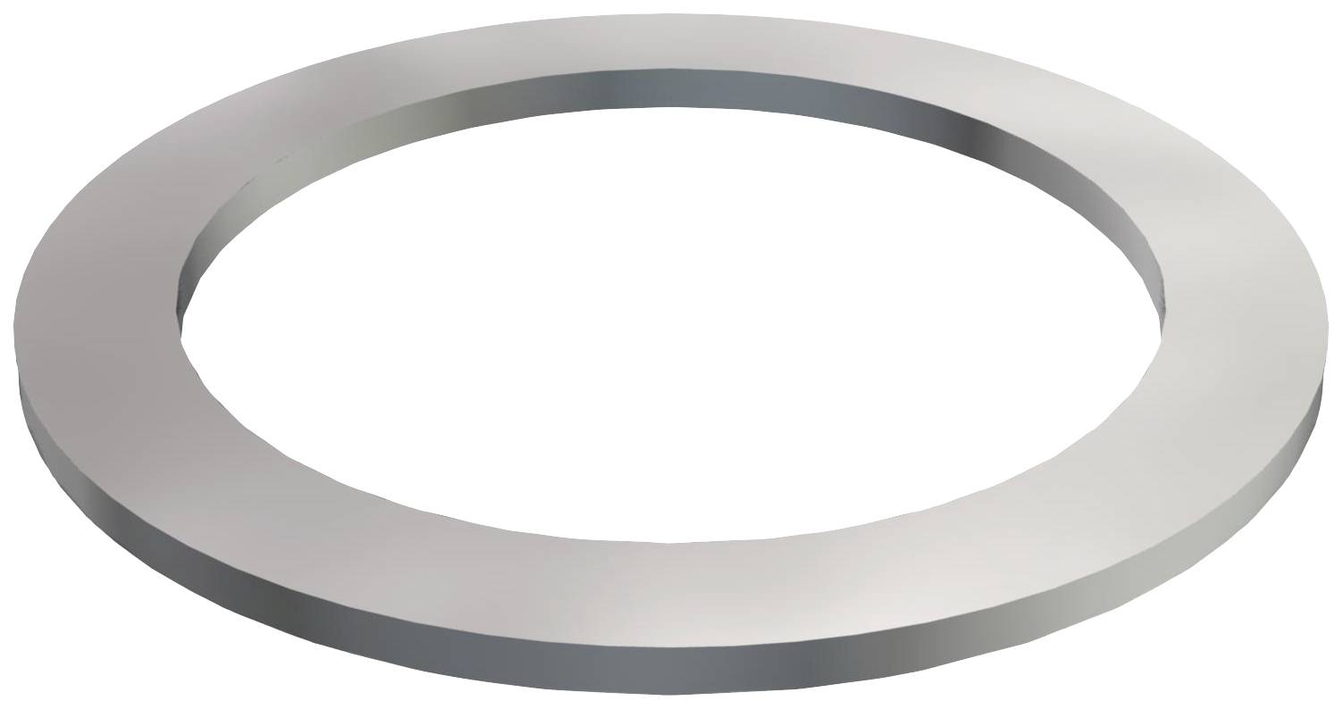 Metallscheibe mit zentralem Loch, silberfarben. Hauptsächlich als Unterlegscheibe oder Dichtung in technischen Anwendungen verwendet.