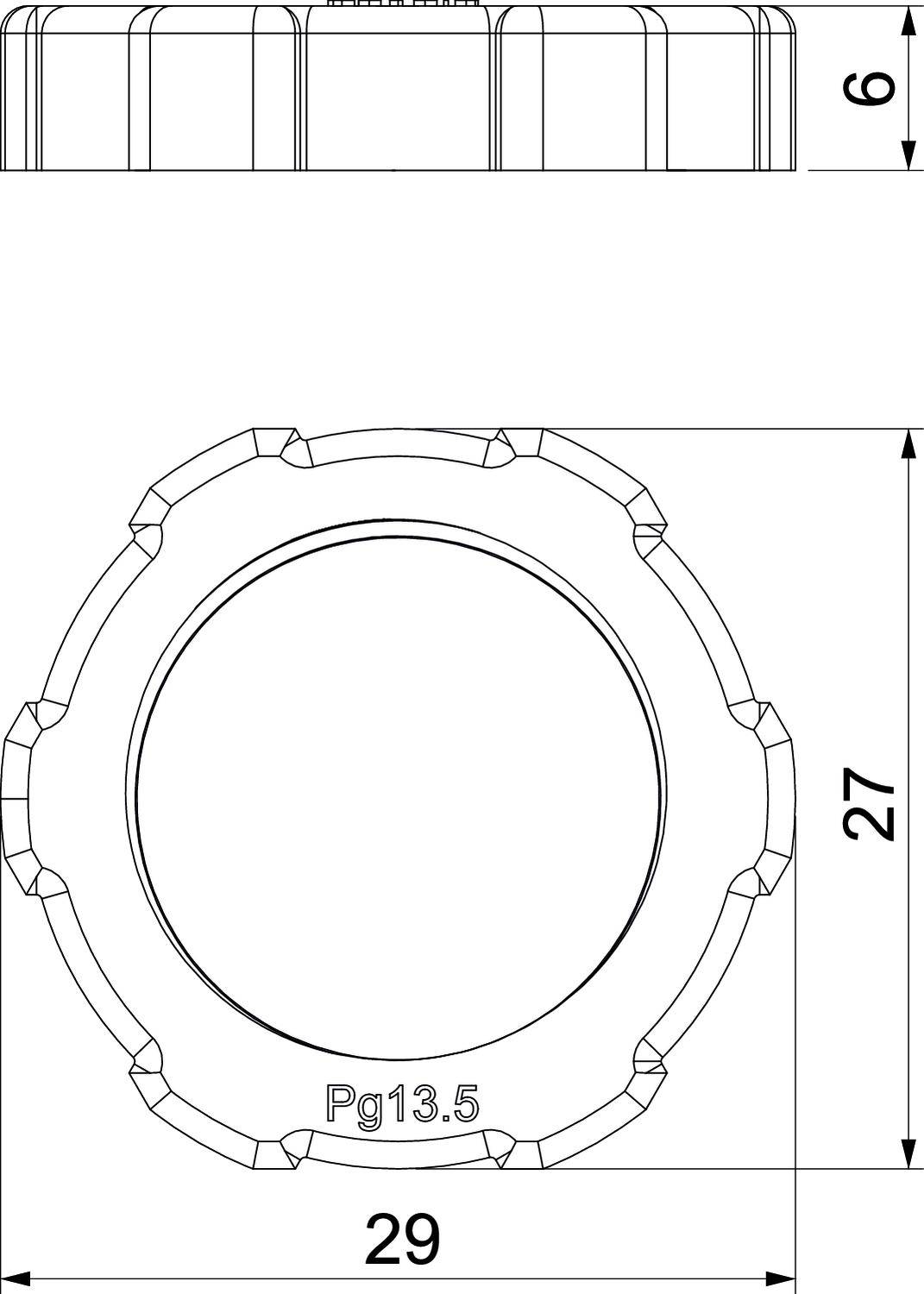 Technische Zeichnung eines runden Verschlusses mit gezacktem Rand. Obenansicht zeigt Durchmesser 29 mm, Seitenansicht zeigt Höhe 6 mm.