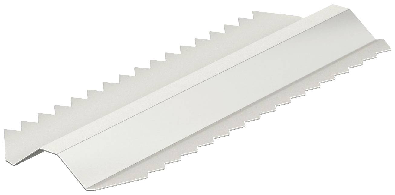 Metallisches Zahnspachtel-Werkzeug mit gezackten Kanten, das für das Auftragen von Materialien wie Klebstoffen oder Mörtel verwendet wird.