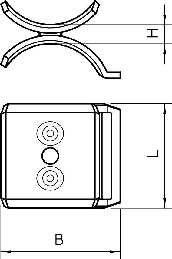 Technische Zeichnung eines Rohrschellenhalters mit seitlicher und oberer Ansicht, Maßangaben 'H', 'L', 'B'.