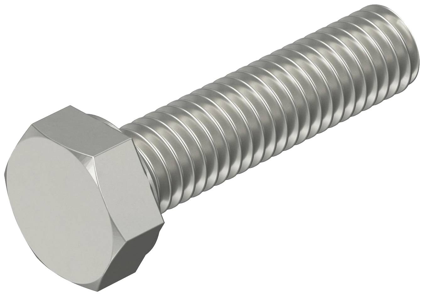 Metallschraube mit Sechskantkopf, silberfarben, auf weißem Hintergrund.