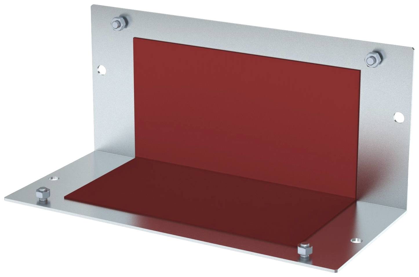 Eine metallische Halterung mit zwei Winkeln, einer in roter Farbe und der andere in silber, mit Schrauben an den Ecken befestigt.