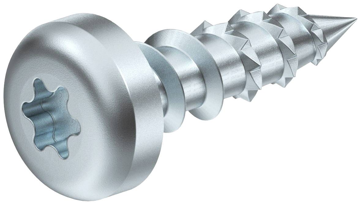 Eine silberne Schraube mit einem Torx-Kopf und spitzen Enden, geeignet für Holz- oder Metallmontage.