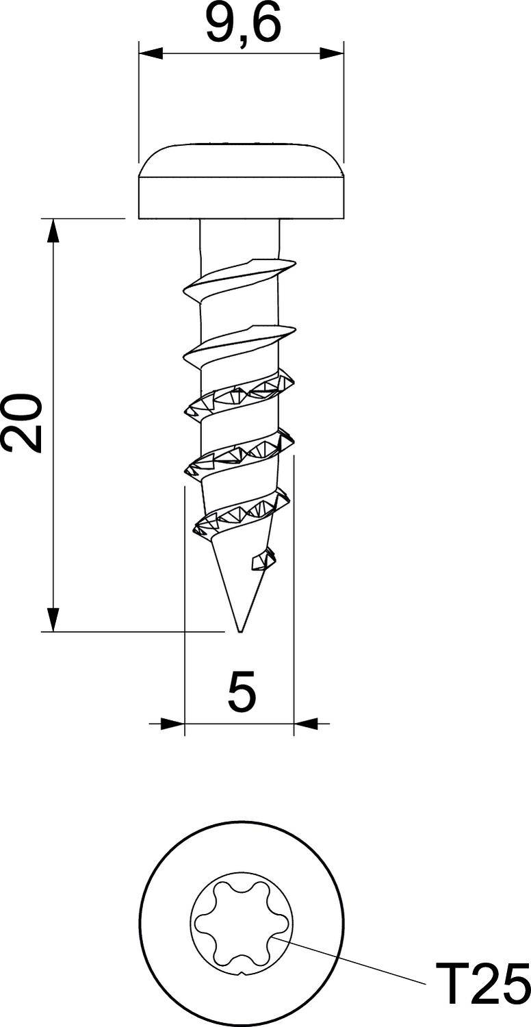 Zeichnung einer Schraube mit einem Kopf von 9,6 mm Durchmesser, 20 mm Länge, T25-Antrieb und 5 mm Gewindedurchmesser.