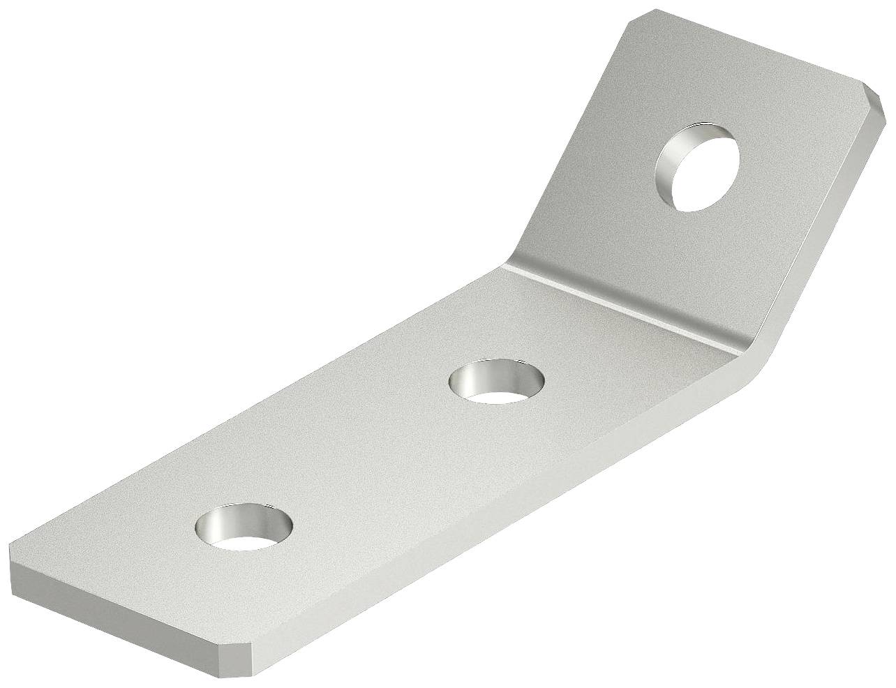 Ein Metallwinkelverbinder mit drei Löchern zur Befestigung, geeignet für Metallstrukturen oder Regale.