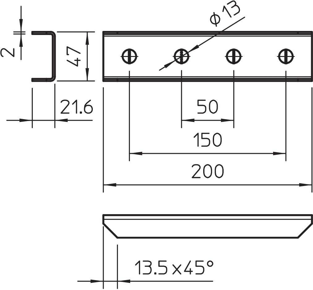 Technische Zeichnung eines Winkels mit Maßen: 47 mm hoch, 21,6 mm breit, 13 mm Schraubenlöcher. Winkel: 13,45° bei Kante.
