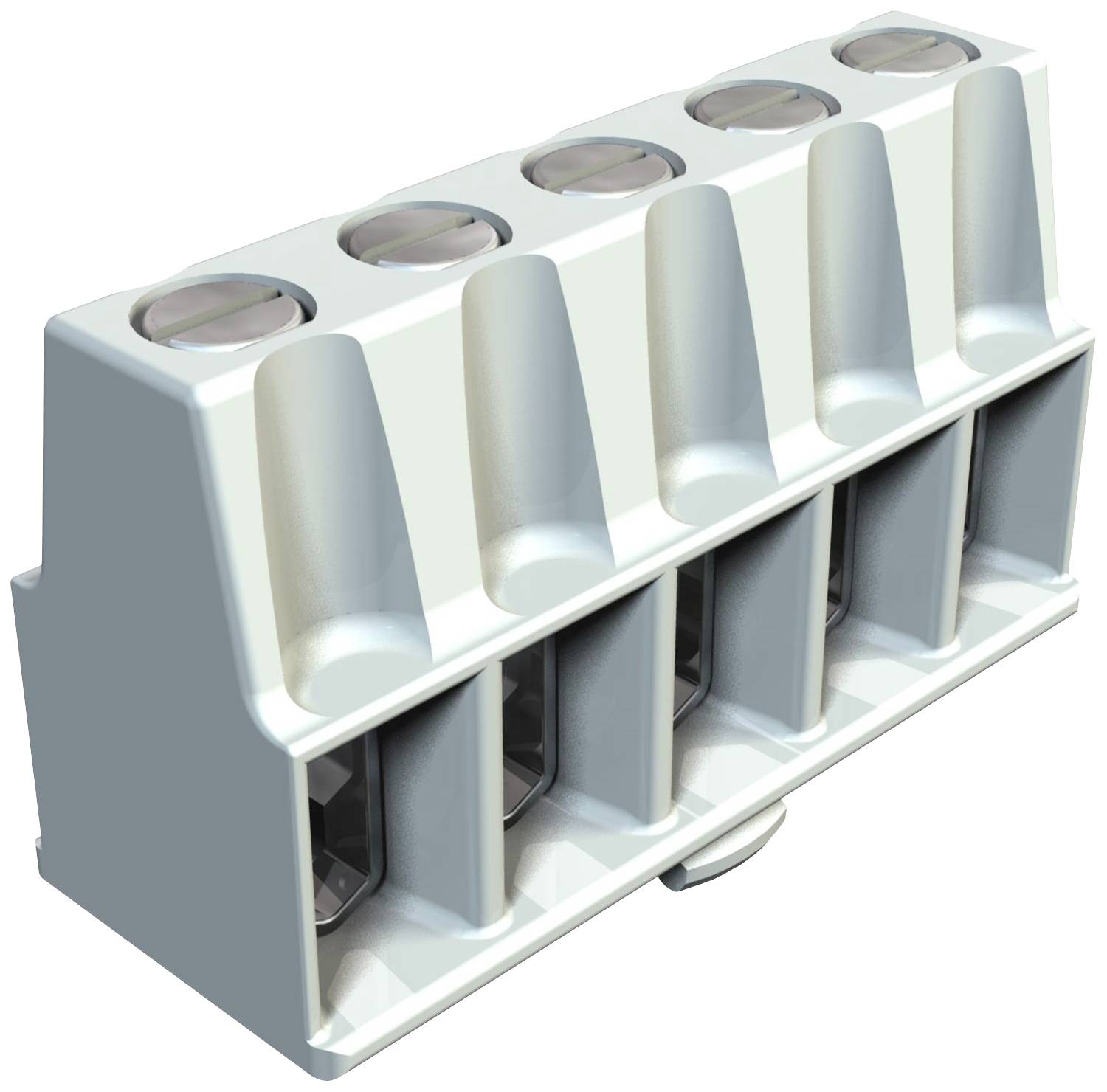 Ein weißer Reihenverbinder mit sechs getrennten Kammern, geeignet für elektrische Verdrahtung, dargestellt aus einem schrägen Blickwinkel.