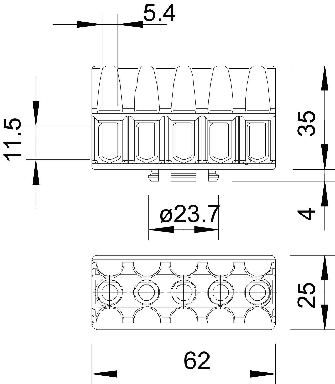 OBO Bettermann 2016185 KL-T 02-06 Klemmleiste flexibel: - starr: 1.5-6mm² Polzahl: 5 Grau