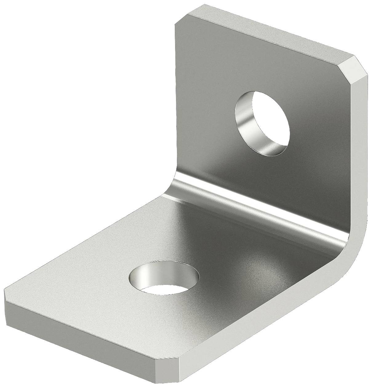 Metallwinkelstück mit zwei Bohrlöchern, verwendet zur Verbindung von Bauteilen in einem 90-Grad-Winkel, zeigt robuste Konstruktion.