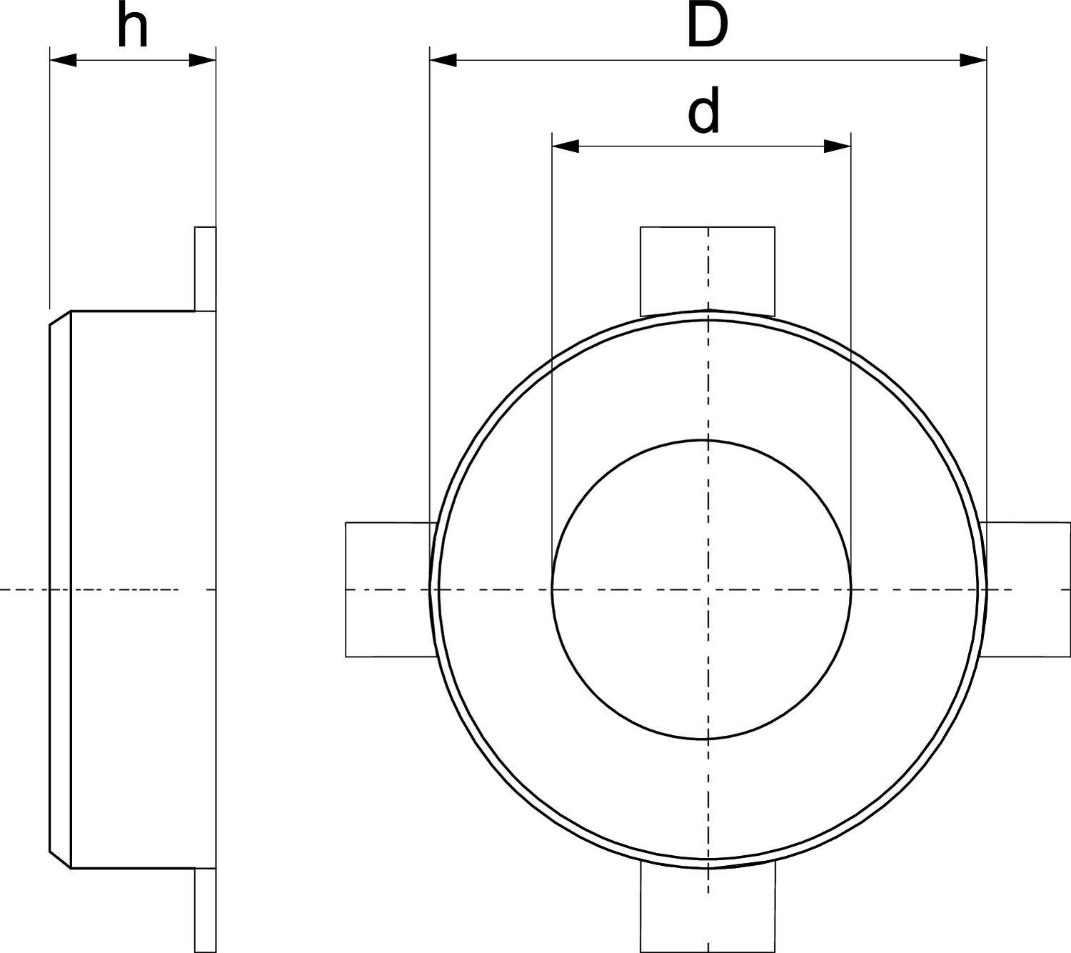 Technische Zeichnung eines Flansches. Links zeigt die Seitenansicht die Höhe 'h', rechts die Draufsicht mit Außen- und Innendurchmesser 'D' und 'd'.