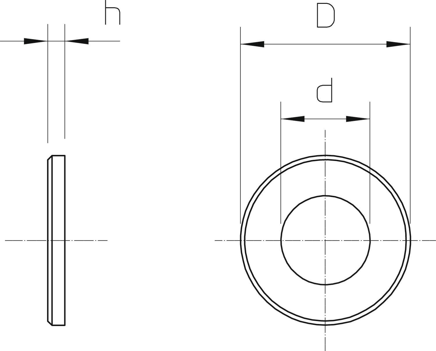 Technische Zeichnung einer Unterlegscheibe mit Maßen h (Höhe), D (Durchmesser äußerer Kreis) und d (Durchmesser innerer Kreis).